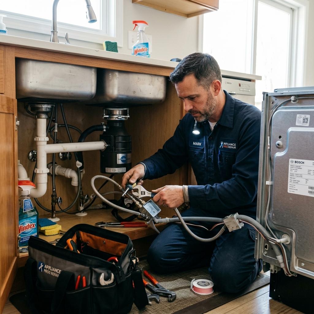 Technician working under sink